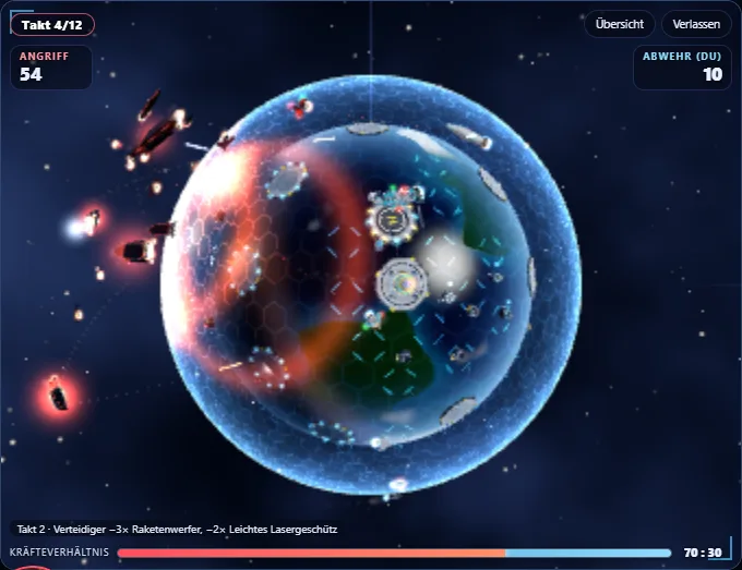 A live battle: an attacking fleet against a shielded planet.